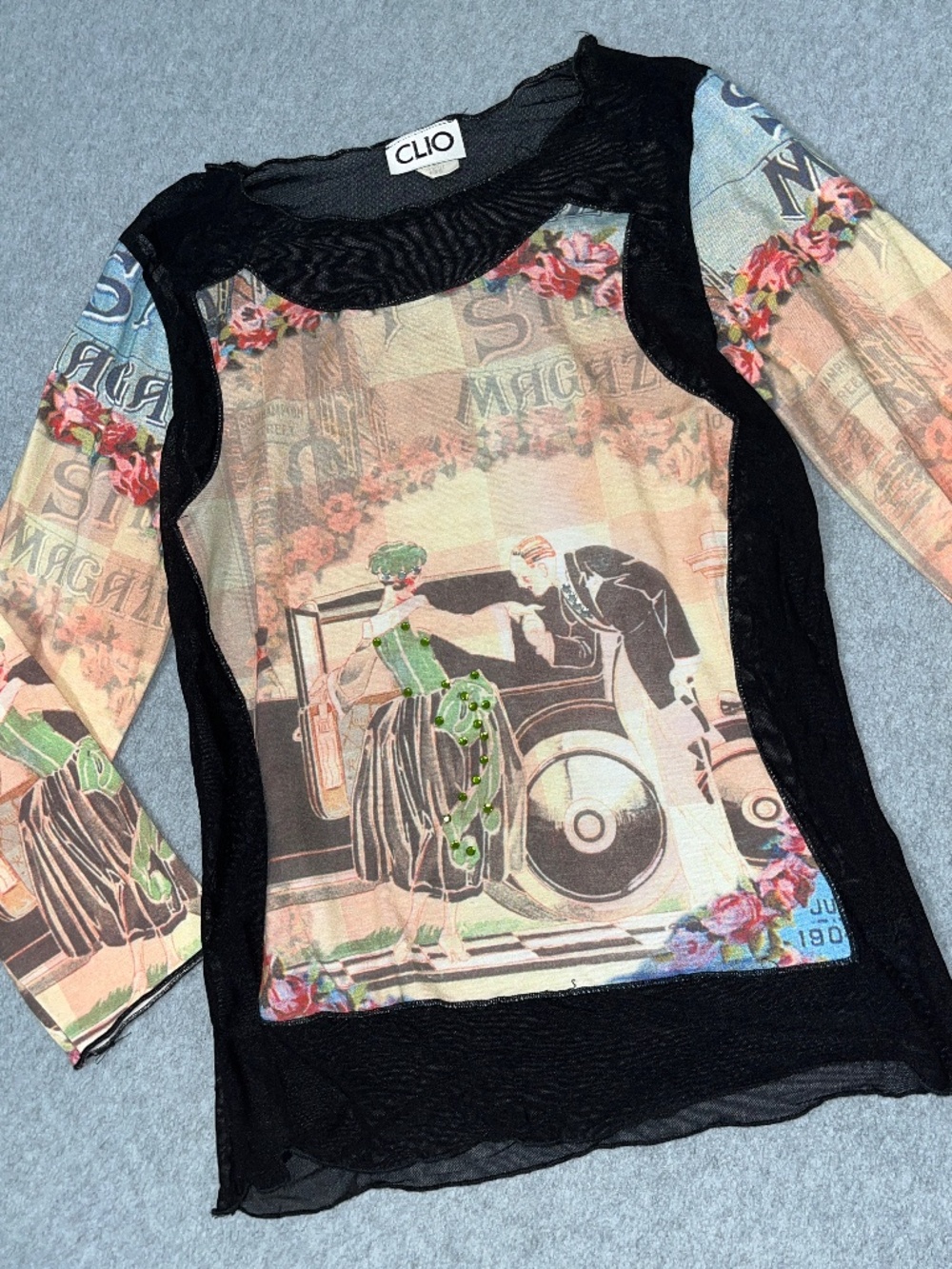 Womens Vintage Mesh Graphic Top Medium Y2K Grunge Indie Biker Art To Wear Sheer